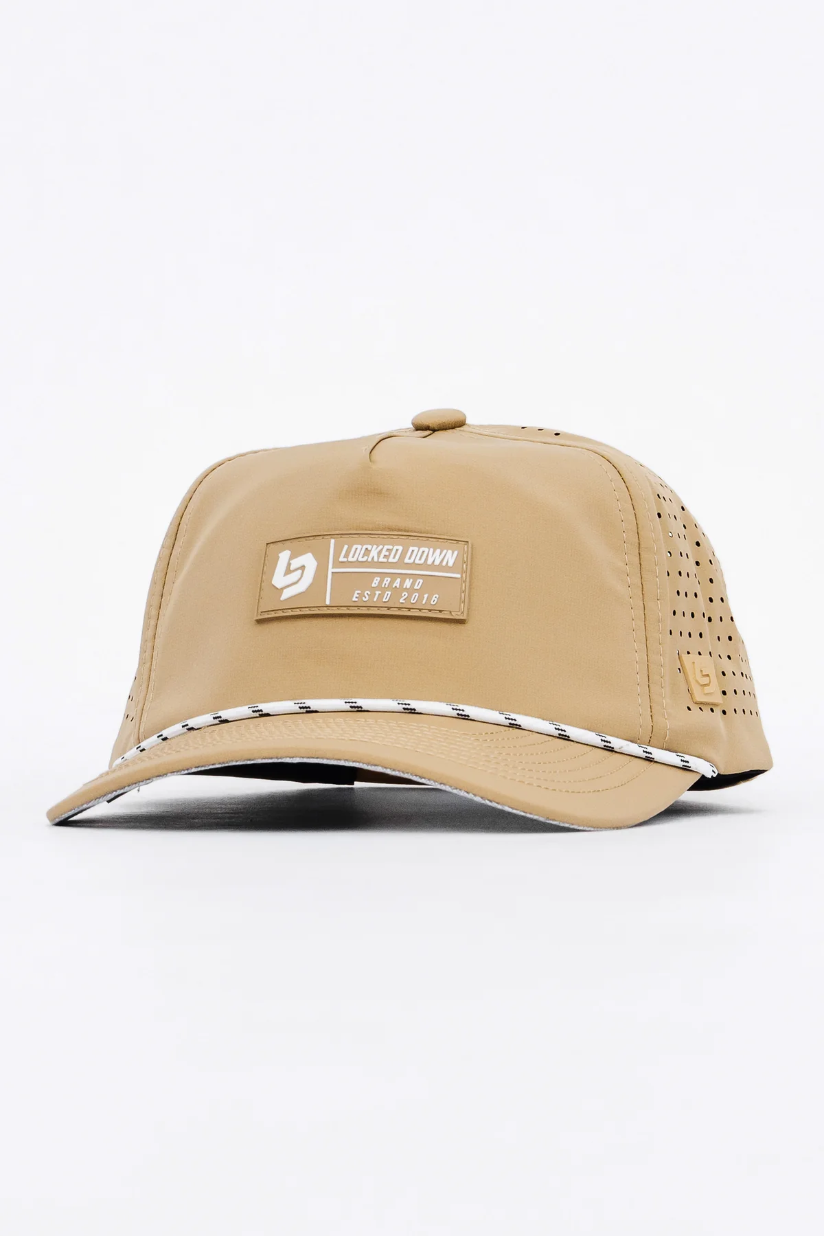 Locked Down tan/khaki hat with brand patch